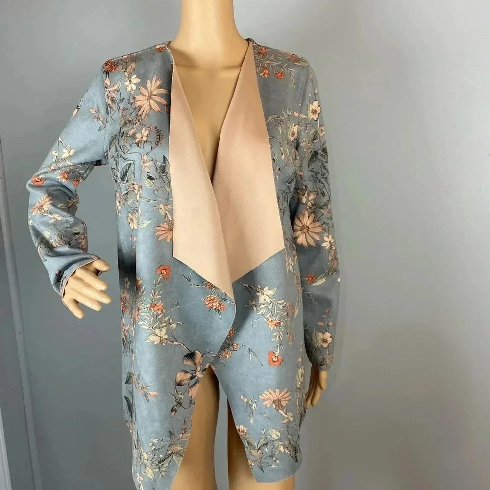 Soft Surroundings Womens Small Gray Floral Open Front Blazer Microsuede Stretch